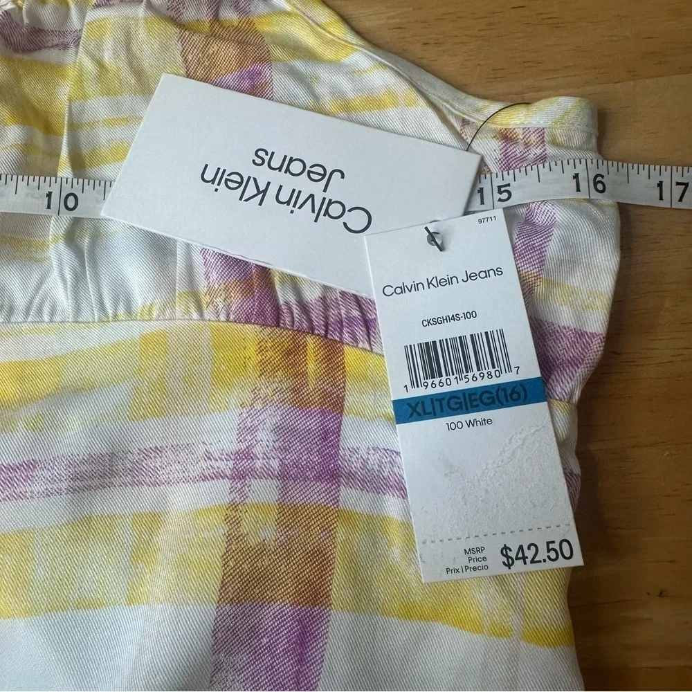 Calvin Klein Girls Yellow Purple Plaid Dress with Elastic XL Adjustable Straps